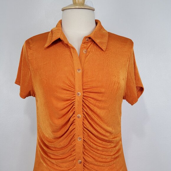 Wild Fable Orange Button Up Short Sleeve Stretchy Drape Detail Dress NEW Size L - Picture 2 of 13